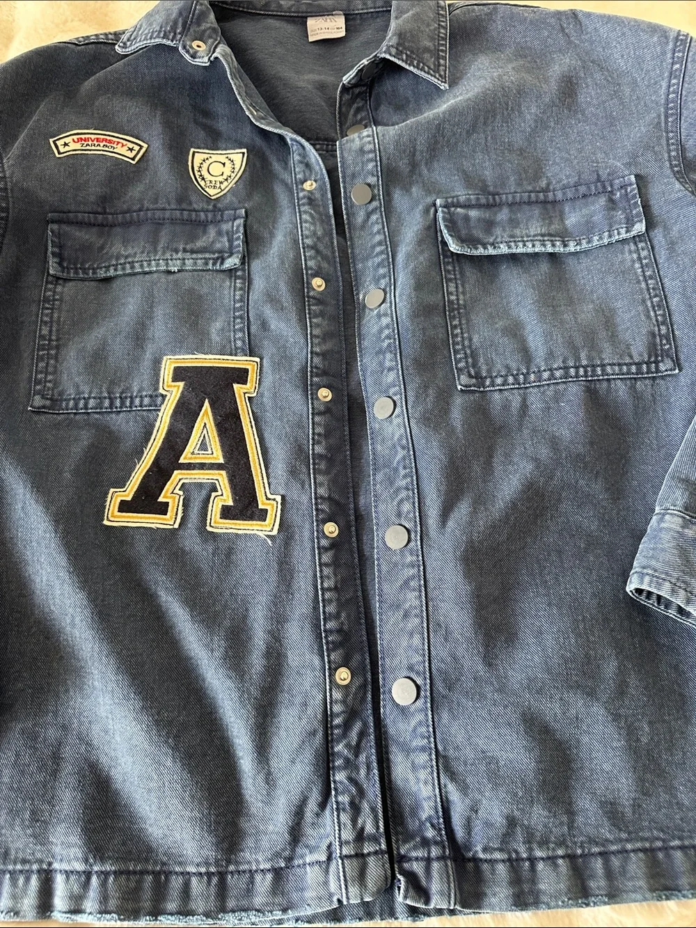 Zara Navy Patchwork Snap-Front Denim Jacket
